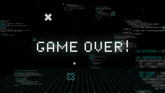 Game over written in white distorting on black background with text and white grid