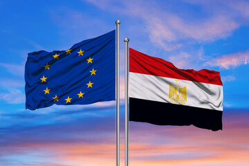 Double Flag European Union vs Egypt waving flag with texture floating in the sky - 3D illustration - 3D render