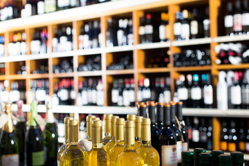 assortment of various wine bottles in retail wine store.