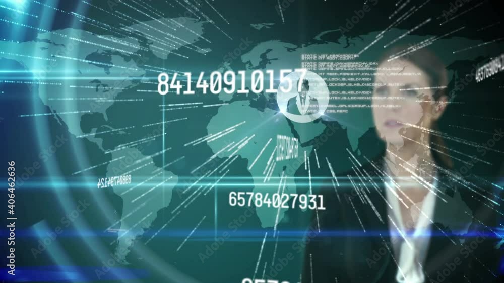 Aufkleber animation of numbers changing data processing against world map and businesswoman