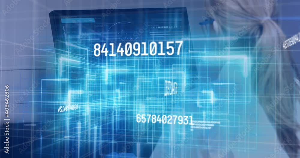 Poster animation of numbers changing data processing against woman using computer