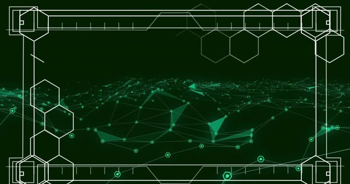 Animation of screen with hexagons and network of connections over green background