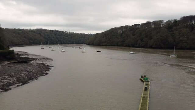 aerial  images of boats near Malpas cornwall England uk near truro 