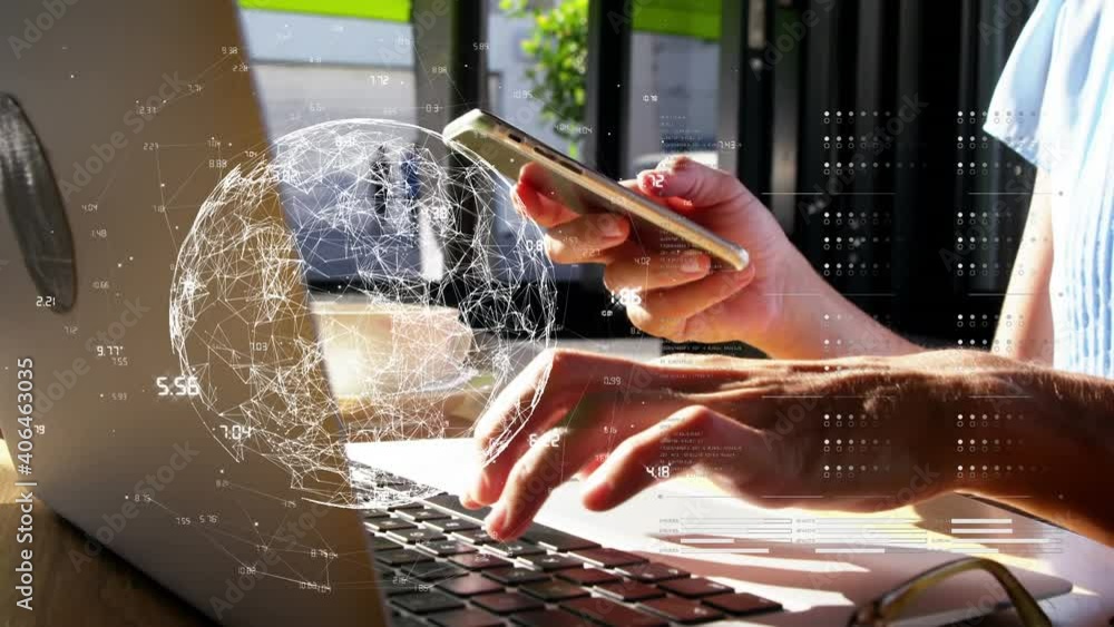 Poster animation of globe of network of connections over woman using smartphone and computer