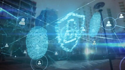 Animation of network of connections with people icons and biometric fingerprints over cityscape - Powered by Adobe