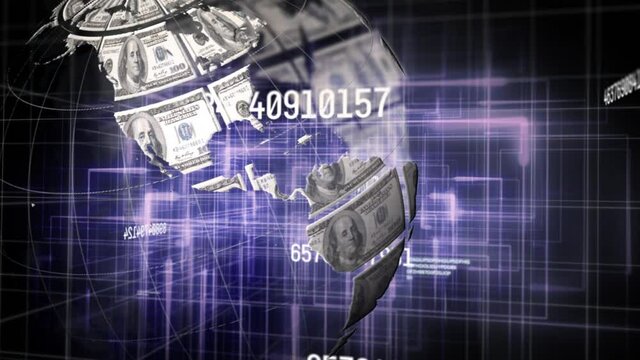 Animation of numbers changing data processing over globe formed with american dollar bills