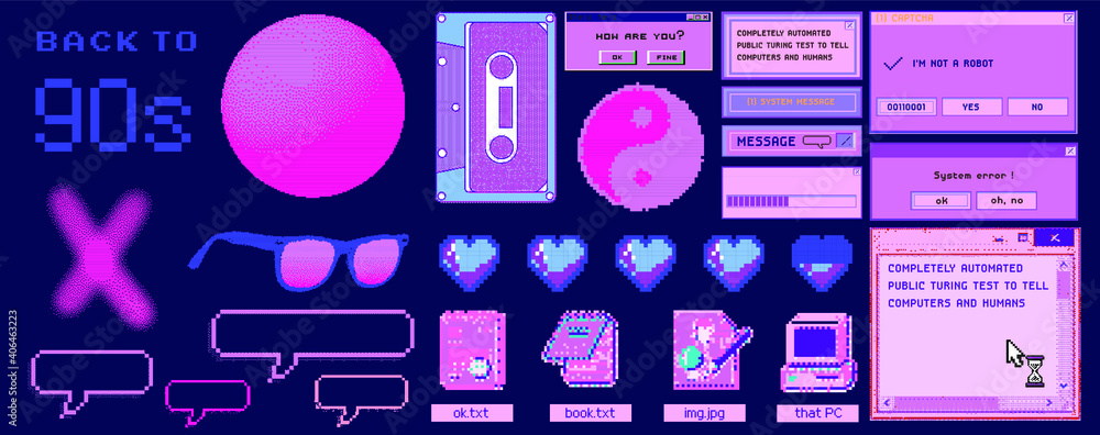 Aufkleber 8-bit art message with pixel hearts. Vaporwave trendy retro user interface like in old operating systems.