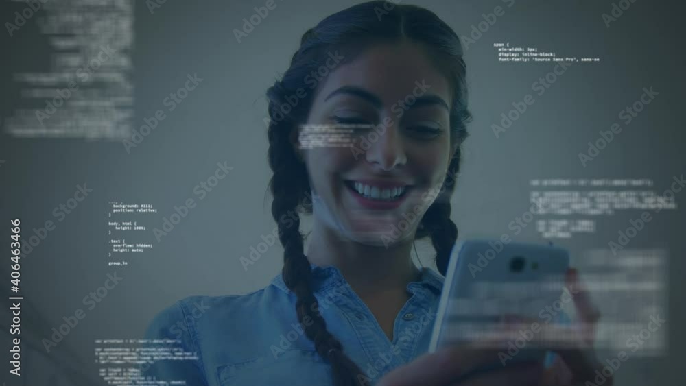 Poster animation of data processing over woman using smartphone