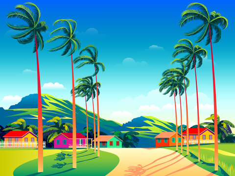 Tropical Island landscape with traditional houses, palm trees, and the mountains in the background.