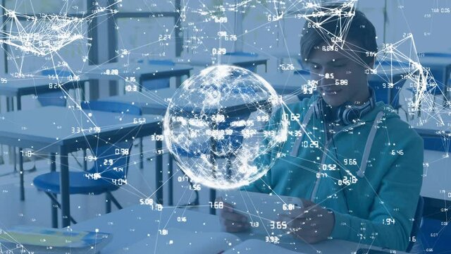 Animation of globe of network of connections and data processing over boy using tablet