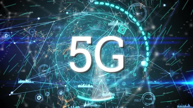 Animation of 5g text over network of connections and data processing