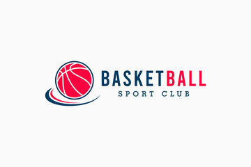 Fototapeta premium Basketball Club Logo. Red and Blue Circle Shape Ball Symbol with Linear Basket Combination isolated on White Background. Usable for Sport Logos. Flat Vector Logo Design Template Element.