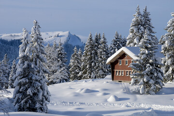 chalet dans un paysage enneigé - Alpes 