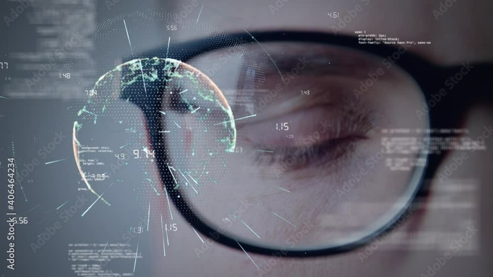 Aufkleber animation of globe of network of connections and data processing over close up of man's eye