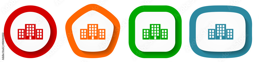 Poster office buildings vector icon set, flat design home buttons on white background