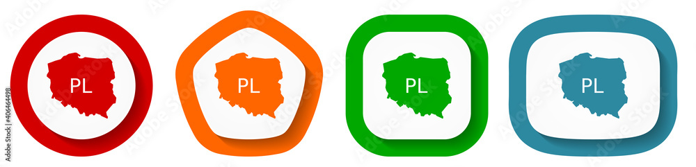 Poster map of poland vector icon set, flat design buttons on white background