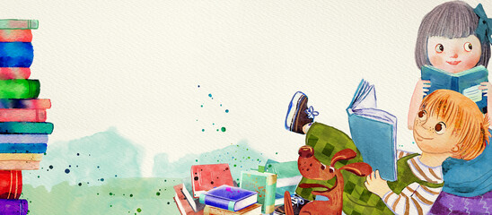We like reading books. Watercolor concept background
