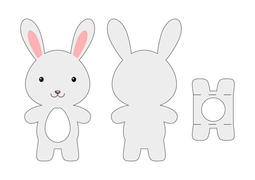 Cute die cut rabbit chocolate egg holder template. Retail paper box for the easter egg. Printable color scheme. Laser cutting vector template. Isolated vector packaging design illustration.