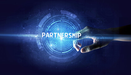 Hand touching PARTNERSHIP button, modern business technology concept