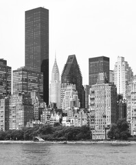 Black and white picture of New York City East River waterfront, US.