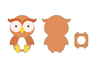 Cute die cut owl chocolate egg holder template. Retail paper box for the easter egg. Printable color scheme. Laser cutting vector template. Isolated vector packaging design illustration.