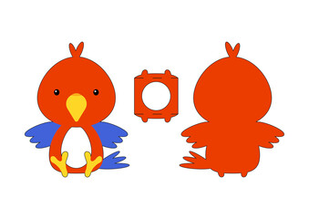 Cute die cut parrot chocolate egg holder template. Retail paper box for the easter egg. Printable color scheme. Laser cutting vector template. Isolated vector packaging design illustration.