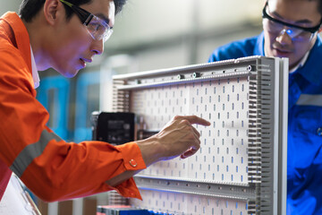 Male Asian engineer professional  having a discussion standing by the machine in the factory ,two asian coworker brainstorm explaining and solves the process curcuit mother board of the machine