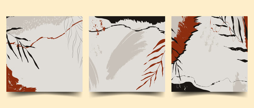 A set of square cards of modern minimalism, monochrome with a bright terracotta shade. Suitable for postcards, print, web page. Flat vector illustration.