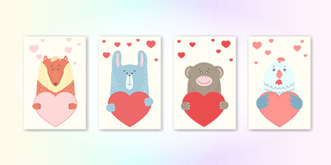 Cute cartoon animal holds a heart sign with copy space. set valentine's day greeting card banner invitation flyer brochure. cartoon hand drawn style. Little animals pets in love, declaration of love