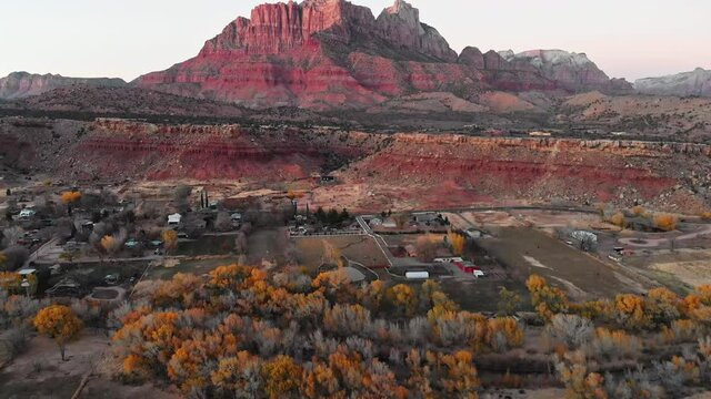Tilt up from Rockville to Mount Kinesava in Zion National Park, Aerial