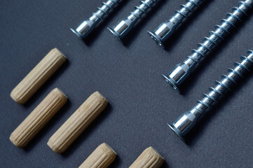 furniture screw and wooden dowel. lie on a dark background. close-up.