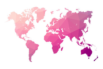 Low poly map of world. World map made of triangles. Pink polygonal shape vector illustration on white background. Vector illustration eps 10.