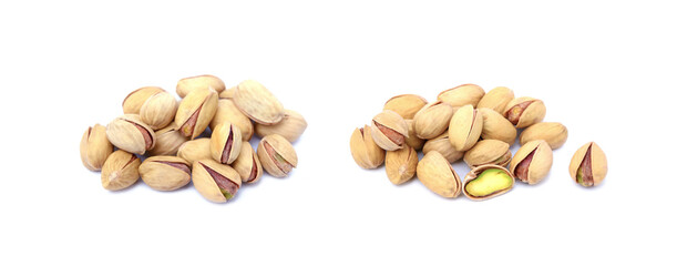 Pile of fresh pistachios isolated on white background