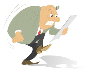 Bald headed man looks the paper which makes him angry
