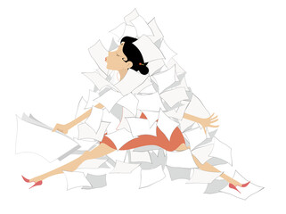Businesswoman and a pile of papers or documents illustration. Young woman sits in the big pile of papers or documents isolated on white