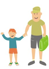 Father and boy with school bag. First day in school, vector illustration.