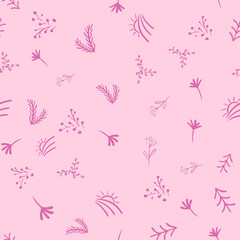 Abstract floral seamless pattern, hand drawn plant elements with leafs, vector pink background. Doodle texture. Vecotr illustration for fabric, textile, wrapping