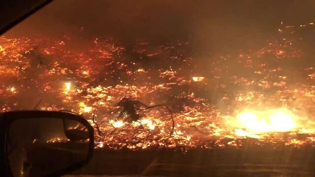 evacuating a devastating wildfire with flames