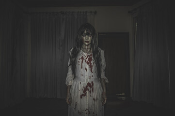 Portrait of asian woman make up ghost,Scary horror scene for background,Halloween festival...
