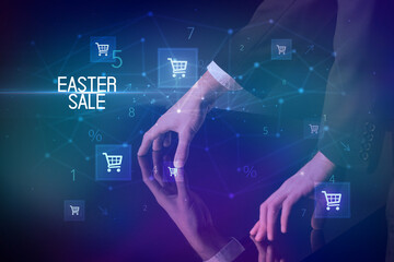 Online shopping with EASTER SALE inscription concept, with shopping cart icons