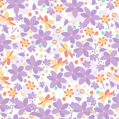 Seamless flower pattern. Vector illustration. Spring flowers pattern in violet, yellow color.  A pattern of flowers of delicate, light color