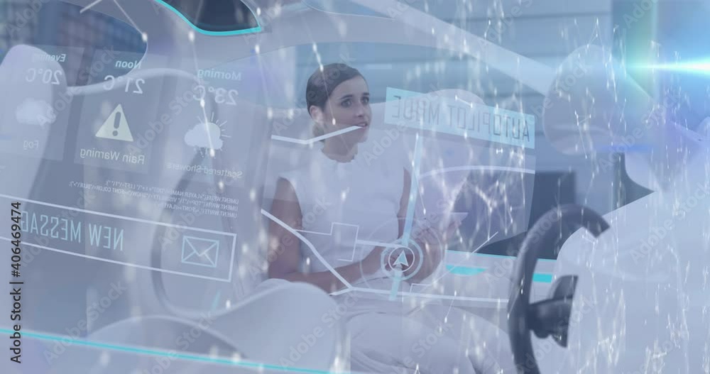 Poster animation of networks of connections and data processing over woman using tablet in car