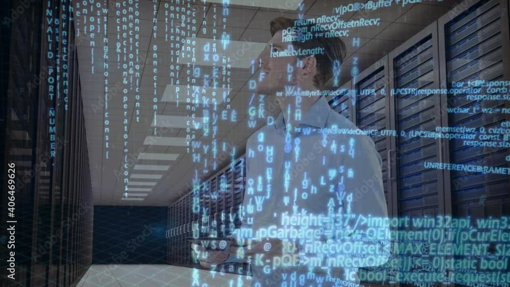 Poster digital composition of data processing against man using digital tablet in server room