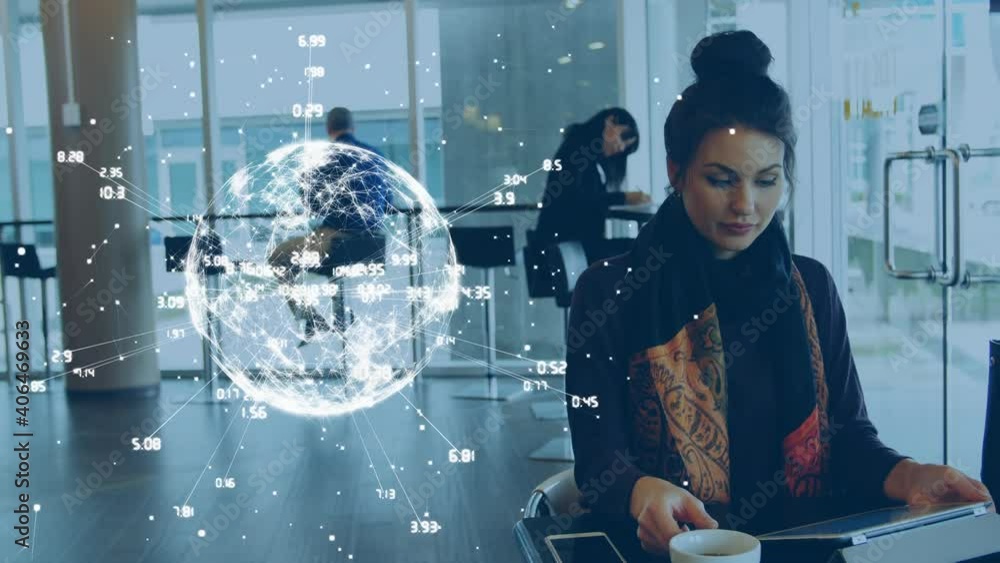 Poster digital composition of globe of network of connections spinning against woman using digital tablet a