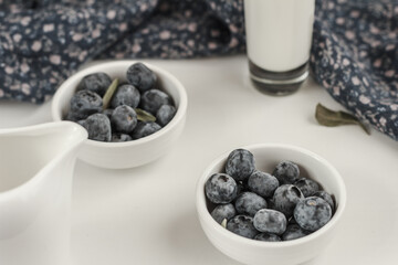 Fresh blueberries, glass of milk and milk jug on white background. Side view