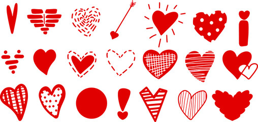 set of different red hand-drawn hearts. for valentine's day. on white isolated background.