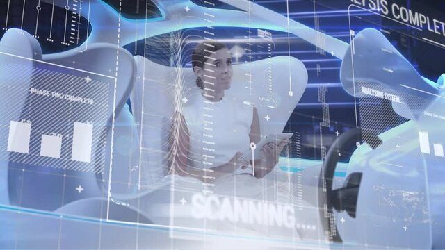 Digital composition of data processing against caucasian woman sitting in futuristic car driving aro
