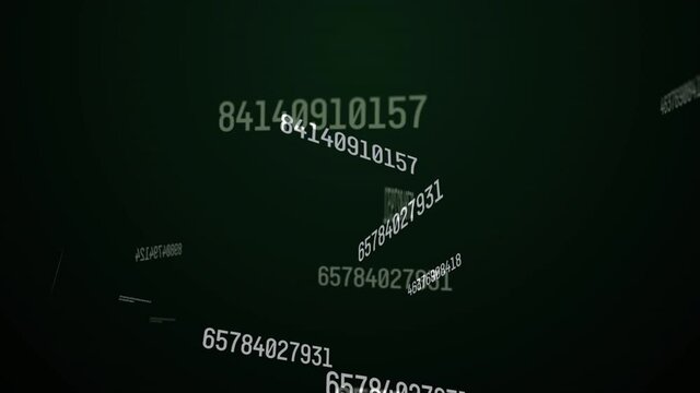 Digital animation of changing numbers and data processing against black background