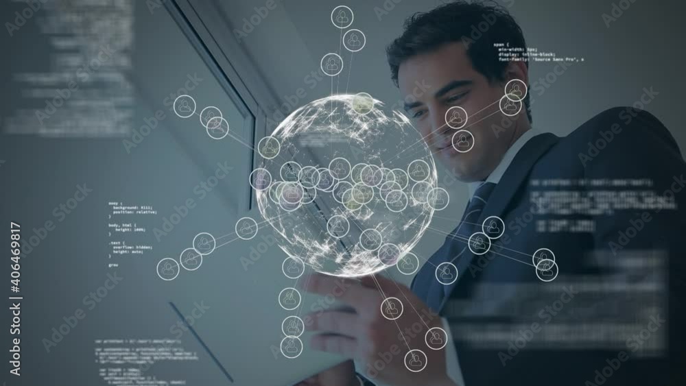 Aufkleber digital composition of globe of network of connections against businessman using digital tablet