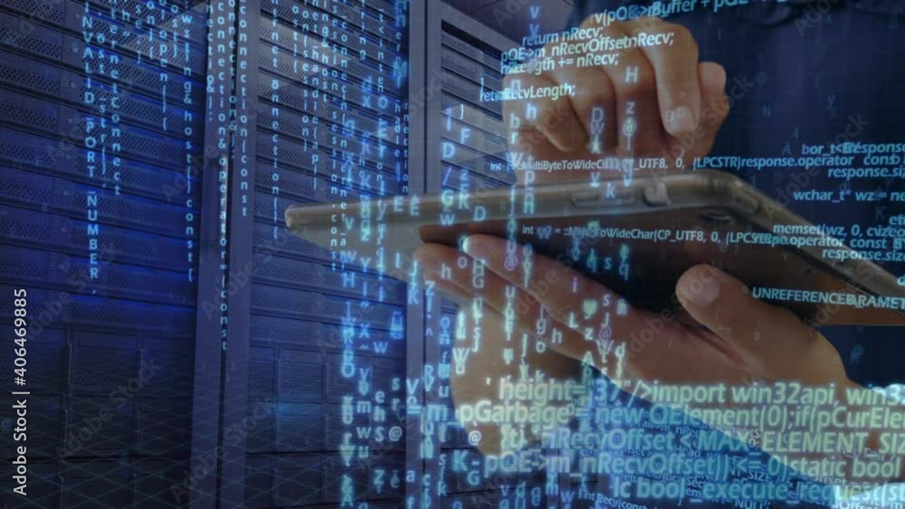 Poster digital composition of data processing against mid section of woman using digital tablet in server r